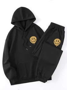 INAWLY Slogan Graphic Drawstring Thermal Lined Hoodie & Sweatpants - Black - View 2