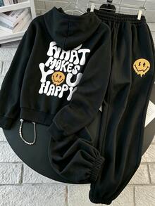 INAWLY Slogan Graphic Drawstring Thermal Lined Hoodie & Sweatpants - Black - View 3