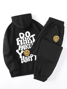 INAWLY Slogan Graphic Drawstring Thermal Lined Hoodie & Sweatpants - Black - View 1