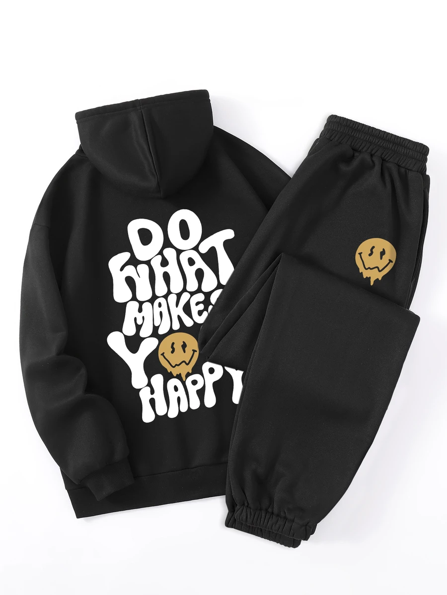 INAWLY Slogan Graphic Drawstring Thermal Lined Hoodie & Sweatpants - Black - View 1