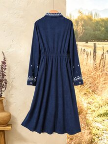 Rusticease Party Women's Geometric Embroidered Button Half-Placket Waist Tie Casual Midi Dress 2026 Fall Winter Dress Elegant Dresses Going Out Dresses Blue - Navy Blue - View 2