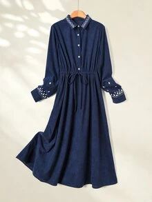 Rusticease Party Women's Geometric Embroidered Button Half-Placket Waist Tie Casual Midi Dress 2026 Fall Winter Dress Elegant Dresses Going Out Dresses Blue - Navy Blue - View 4