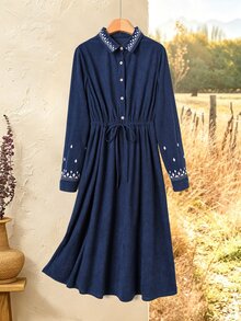 Rusticease Party Women's Geometric Embroidered Button Half-Placket Waist Tie Casual Midi Dress 2026 Fall Winter Dress Elegant Dresses Going Out Dresses Blue - Navy Blue - View 1