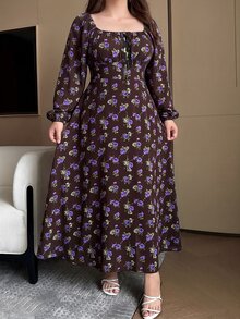 Vibekara 大尺碼女款全花卉印花長袖優雅可愛公主風洋裝 - 彩色 - 查看 5