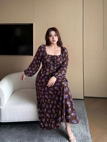 Vibekara 大尺碼女款全花卉印花長袖優雅可愛公主風洋裝 - 彩色 - 查看 6