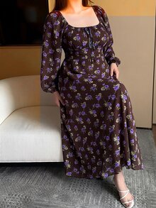 Vibekara 大尺碼女款全花卉印花長袖優雅可愛公主風洋裝 - 彩色 - 查看 7
