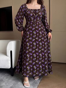 Vibekara 大尺碼女款全花卉印花長袖優雅可愛公主風洋裝 - 彩色 - 查看 4
