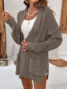 SHEIN 女款純色休閒百搭日常外出長袖開襟衫 - 駝色 - 查看 6