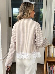Serisse Jaket Wanita Kasual Lengan Panjang Bergaris Aprikot dari Katun dengan Hiasan Renda - Aprikot - View 2