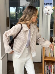 Serisse Jaket Wanita Kasual Lengan Panjang Bergaris Aprikot dari Katun dengan Hiasan Renda - Aprikot - View 4