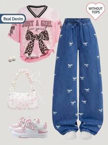 SHEIN Girlism 青少年女孩白色蝴蝶結圖案藍色牛仔寬鬆長褲 牛仔女郎風格可愛酷女孩新年穿搭 - 藍色 - 查看 2