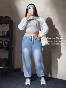 Flexra Plus Size Women's Drawstring Waist Pocket Casual Loose Fit Jeans - Medium Wash - View 8