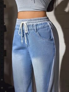 Flexra Plus Size Women's Drawstring Waist Pocket Casual Loose Fit Jeans - Medium Wash - View 2