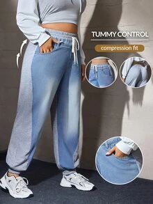Flexra Plus Size Women's Drawstring Waist Pocket Casual Loose Fit Jeans - Medium Wash - View 6