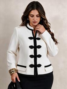 Elegantrix Jaket Gaya Cina Terbaru 2026 Ukuran Plus Wanita dengan Detail Kontras Warna Tenun, Pita, dan Kancing Katak, Cocok untuk Gaya Jalanan Kasual Sehari-hari dan Perjalanan Musim Gugur. - Aprikot - View 8