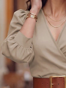 EMERY ROSE 卡其色秋季優雅女款V領交叉設計泡泡袖修身襯衫，商務休閒辦公室穿搭 - 卡其色 - 查看 4