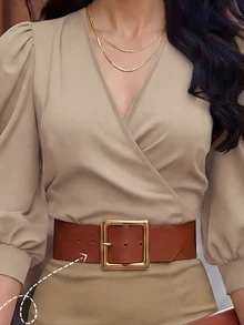 EMERY ROSE 卡其色秋季優雅女款V領交叉設計泡泡袖修身襯衫，商務休閒辦公室穿搭 - 卡其色 - 查看 5
