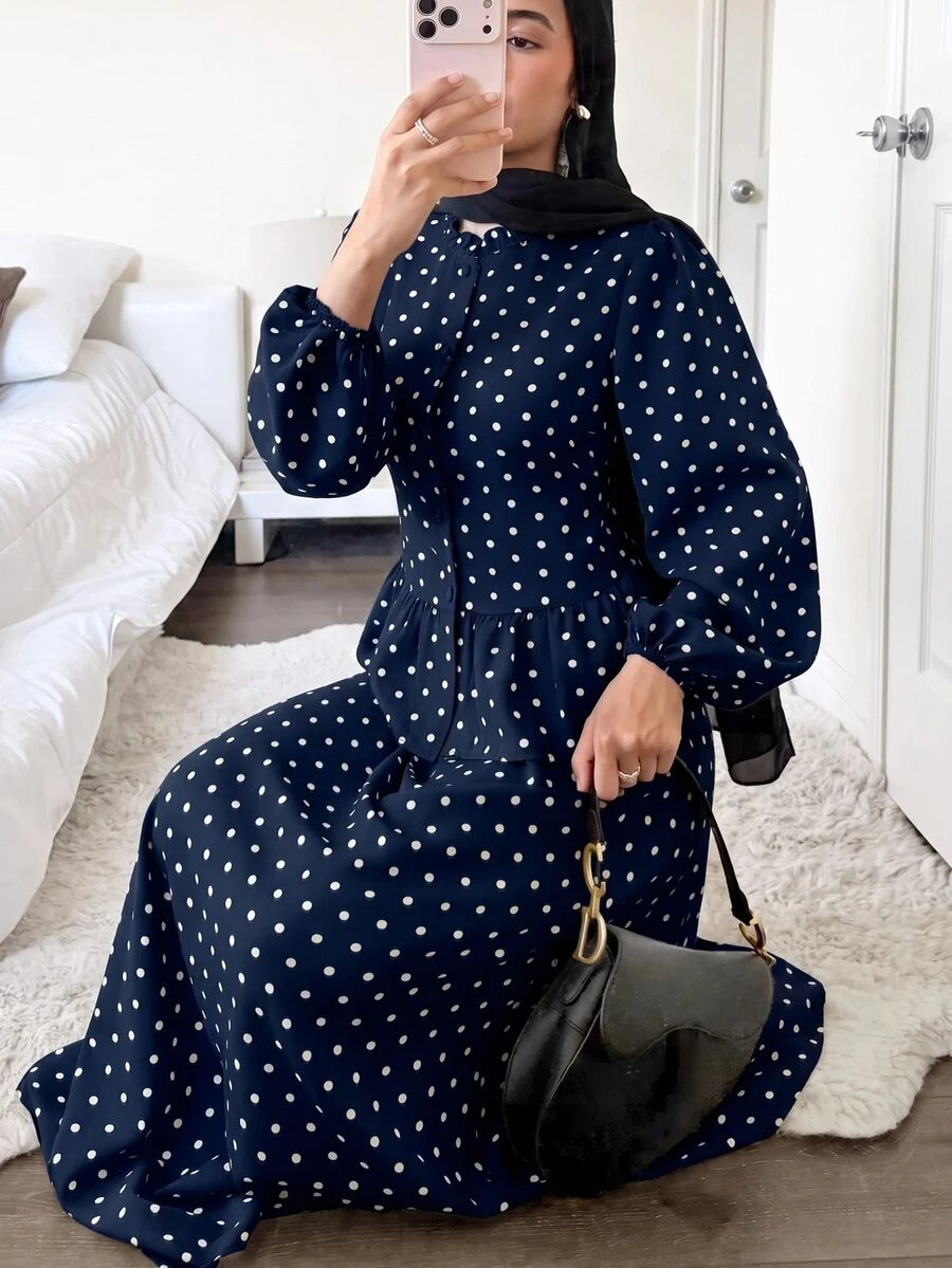 Solavon Women's Vacation Fashion Polka Dot Print Button-Up Shirt And Long Skirt 2 Pieces Set - Navy Blue - View 1