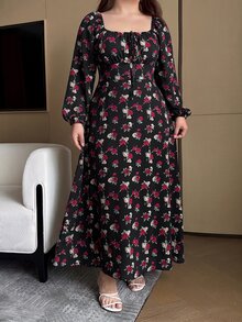 Vibekara 大尺碼優雅熱帶仙女花卉印花方領百褶繫帶洋裝 秋季早午餐生日穿搭 皇家藍 - 彩色 - 查看 5
