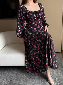 Vibekara 大尺碼優雅熱帶仙女花卉印花方領百褶繫帶洋裝 秋季早午餐生日穿搭 皇家藍 - 彩色 - 查看 4