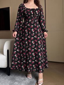 Vibekara 大尺碼優雅熱帶仙女花卉印花方領百褶繫帶洋裝 秋季早午餐生日穿搭 皇家藍 - 彩色 - 查看 6