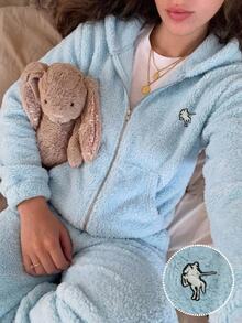 CovetEZ Women's Autumn/Winter Warm Hooded Top And Pants Set - Blue - View 4