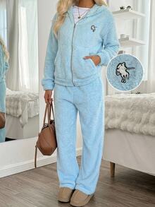 CovetEZ Women's Autumn/Winter Warm Hooded Top And Pants Set - Blue - View 5