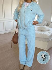 CovetEZ Women's Autumn/Winter Warm Hooded Top And Pants Set - Blue - View 3