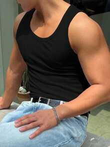 DAZY Camiseta sin mangas de cuello redondo acanalada y cálida para hombre - Negro - Ver 3