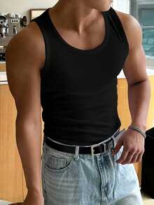 DAZY Camiseta sin mangas de cuello redondo acanalada y cálida para hombre - Negro - Ver 5