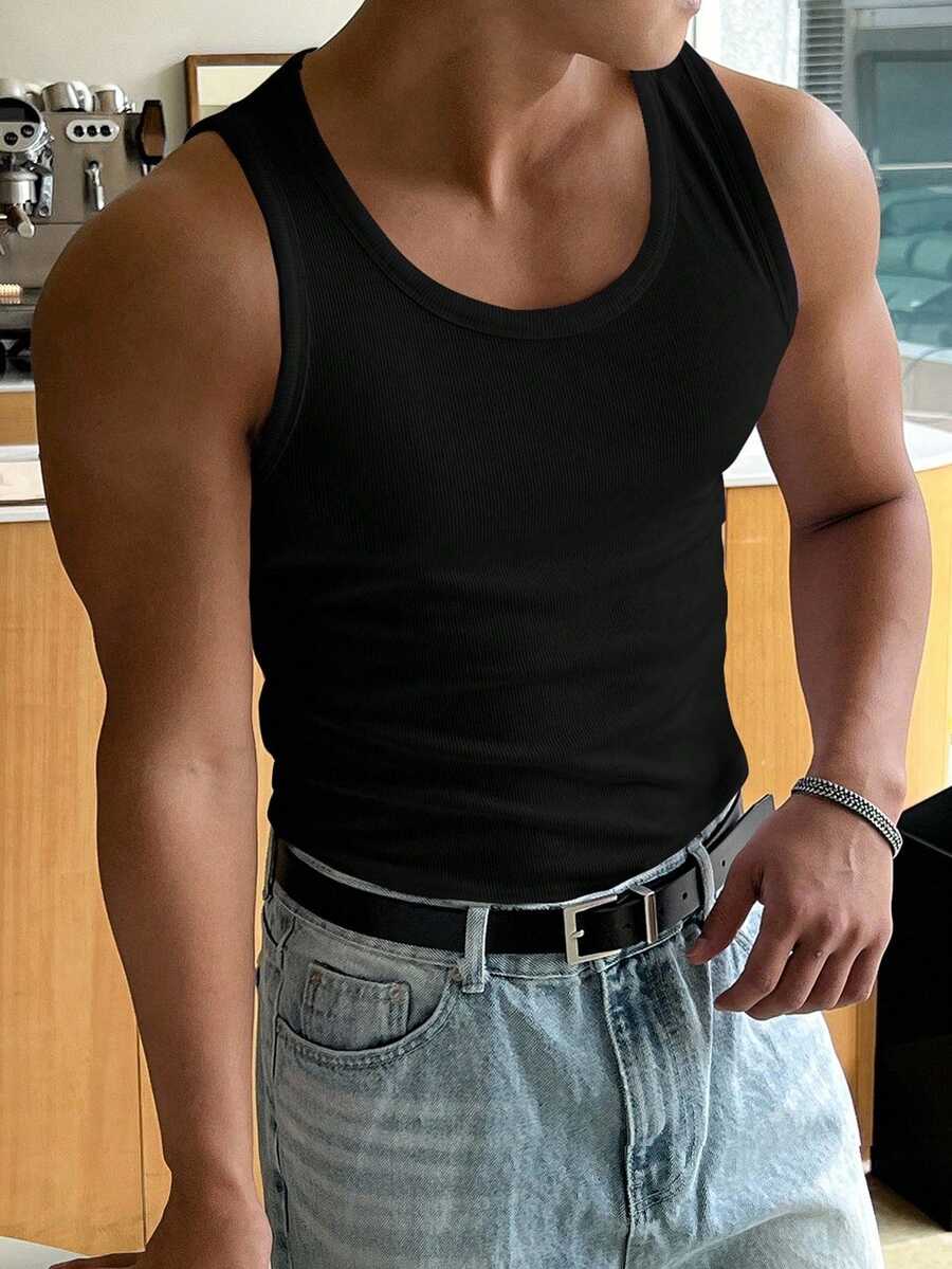 DAZY Camiseta sin mangas de cuello redondo acanalada y cálida para hombre - Negro - Ver 1