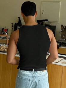 DAZY Camiseta sin mangas de cuello redondo acanalada y cálida para hombre - Negro - Ver 2