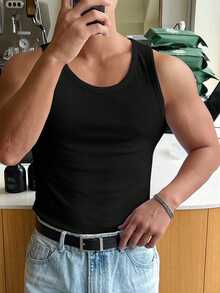 DAZY Camiseta sin mangas de cuello redondo acanalada y cálida para hombre - Negro - Ver 4