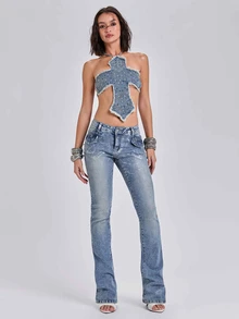 ROMWE Spring/Summer All-Season Y2K Millennium Rock Full Print Rhinestone Cross Halter Denim Tube Top - Baby Blue - View 7