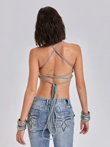 ROMWE Spring/Summer All-Season Y2K Millennium Rock Full Print Rhinestone Cross Halter Denim Tube Top - Baby Blue - View 5