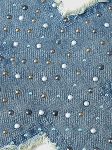 ROMWE Spring/Summer All-Season Y2K Millennium Rock Full Print Rhinestone Cross Halter Denim Tube Top - Baby Blue - View 10