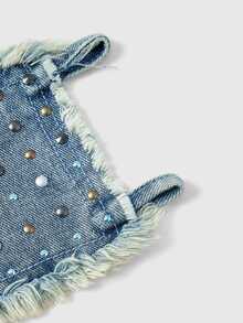 ROMWE Spring/Summer All-Season Y2K Millennium Rock Full Print Rhinestone Cross Halter Denim Tube Top - Baby Blue - View 8