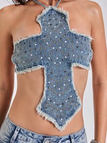 ROMWE Spring/Summer All-Season Y2K Millennium Rock Full Print Rhinestone Cross Halter Denim Tube Top - Baby Blue - View 2