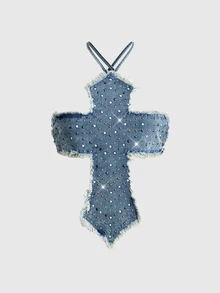 ROMWE Spring/Summer All-Season Y2K Millennium Rock Full Print Rhinestone Cross Halter Denim Tube Top - Baby Blue - View 9