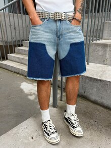 Manfinity EMRG 男士浅蓝色拼接牛仔休闲宽松短裤，夏季 - 淺色水洗藍 - 查看 4