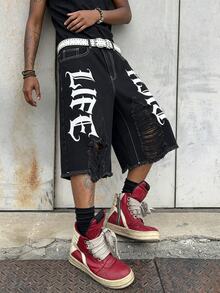Manfinity EMRG Men's Black Gothic Letter Print Distressed Ripped Denim Shorts, Streetwear Style - Black - View 6