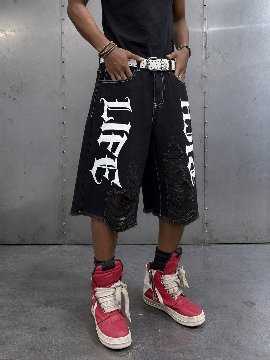 Manfinity EMRG Men's Black Gothic Letter Print Distressed Ripped Denim Shorts, Streetwear Style - Black - View 1