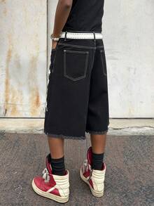 Manfinity EMRG Men's Black Gothic Letter Print Distressed Ripped Denim Shorts, Streetwear Style - Black - View 2