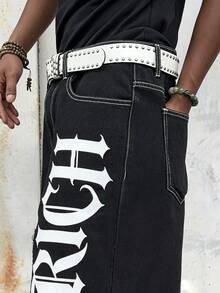 Manfinity EMRG Men's Black Gothic Letter Print Distressed Ripped Denim Shorts, Streetwear Style - Black - View 7