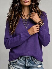 Flexra Women's Solid Color Round Neck Long Sleeve Casual Versatile Sweater - Bold Plum - View 4