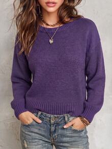 Flexra Women's Solid Color Round Neck Long Sleeve Casual Versatile Sweater - Bold Plum - View 1