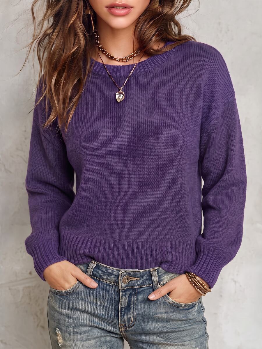 Flexra Women's Solid Color Round Neck Long Sleeve Casual Versatile Sweater - Bold Plum - View 1