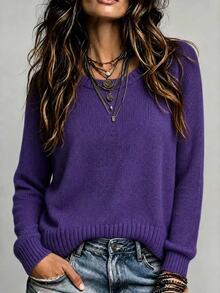 Flexra Women's Solid Color Round Neck Long Sleeve Casual Versatile Sweater - Bold Plum - View 3