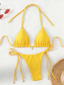 Swim Basics 純色比基尼套裝，適合海灘派對度假，黃色夏季熱帶性感風 - 鵝黃色 - 查看 8