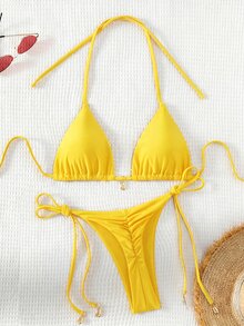 Swim Basics 純色比基尼套裝，適合海灘派對度假，黃色夏季熱帶性感風 - 鵝黃色 - 查看 3